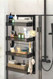 Living and Home 4 Tier Hanging Adjustable Shower Caddy Shelf with Hooks No Drilling Over Door Storage Organizer in Black