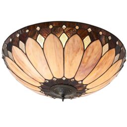 Loops Tiffany Glass Semi Flush Ceiling Light Cream Bronze Round Inverted Shade i00036 in Clear