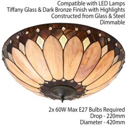Loops Tiffany Glass Semi Flush Ceiling Light Cream Bronze Round Inverted Shade i00036 in Clear - thumbnail 2