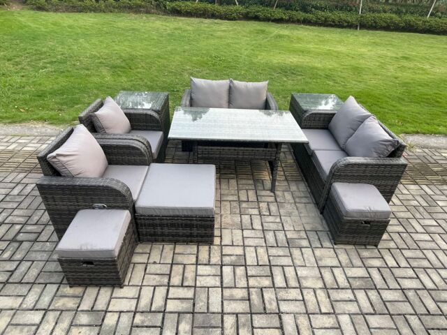 Fimous Outdoor Rattan Garden Furniture 10 piece Grey Patio Furniture Set 9 Seater Lounge Sofa Set with Rectangular Table in Dark Grey - image 1