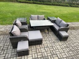 Fimous Outdoor Rattan Garden Furniture 10 piece Grey Patio Furniture Set 9 Seater Lounge Sofa Set with Rectangular Table in Dark Grey - thumbnail 2