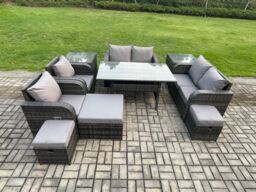 Fimous Outdoor Rattan Garden Furniture 10 piece Grey Patio Furniture Set 9 Seater Lounge Sofa Set with Rectangular Table in Dark Grey - thumbnail 1