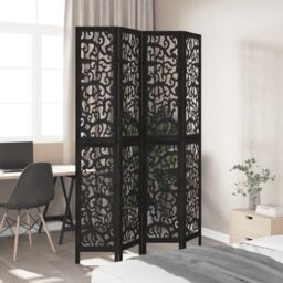 Berkfield Home Room Divider 4 Panels Black Solid Wood Paulownia - thumbnail 3