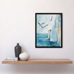 "Artery8 White Cliffs of Dover England Seagulls Coastal Framed Wall Art in Blue - Size: W12"" x H16""" - thumbnail 4