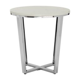 Orsina Round White Faux Marble End Table, Chrome Metal Legs with Lattice Base, Boutique Accent Table for Living Room