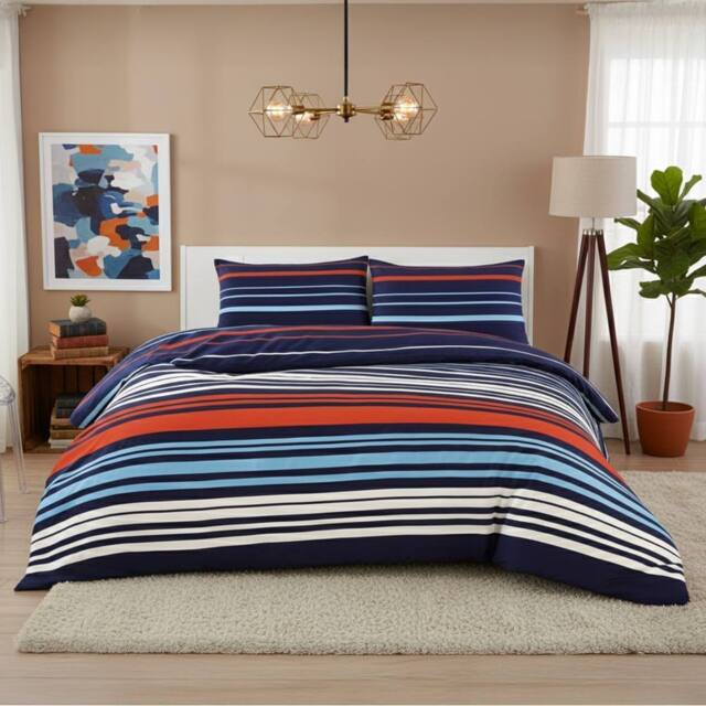 Snug City Striped Duvet Set Stylish Easy Care Bedding with Classic Pattern in Blue - Size: Single - image 1