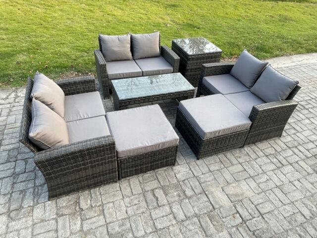 Fimous Outdoor U Shape Sofa Set Wicker PE Rattan Garden Furniture Set with Coffee Table Double Seat Sofa 2 Big Footstool in Dark Grey - image 1