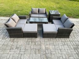 Fimous Outdoor U Shape Sofa Set Wicker PE Rattan Garden Furniture Set with Coffee Table Double Seat Sofa 2 Big Footstool in Dark Grey - thumbnail 2