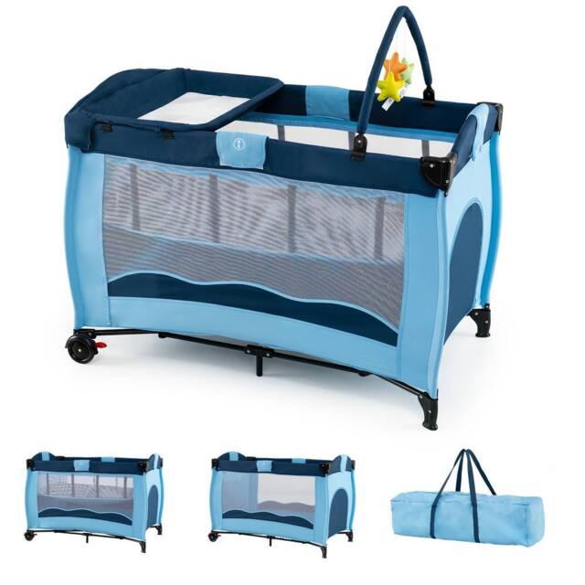 Gymax Folding Playpen 2 Lockable Wheels Diaper Changing Table 3 Hanging Toys in Blue - image 1
