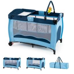 Gymax Folding Playpen 2 Lockable Wheels Diaper Changing Table 3 Hanging Toys in Blue