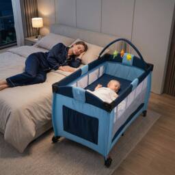 Gymax Folding Playpen 2 Lockable Wheels Diaper Changing Table 3 Hanging Toys in Blue - thumbnail 4