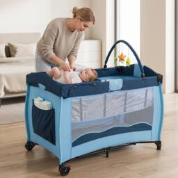 Gymax Folding Playpen 2 Lockable Wheels Diaper Changing Table 3 Hanging Toys in Blue - thumbnail 3