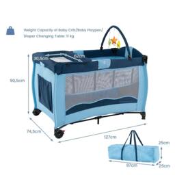 Gymax Folding Playpen 2 Lockable Wheels Diaper Changing Table 3 Hanging Toys in Blue - thumbnail 2