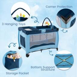 Gymax Folding Playpen 2 Lockable Wheels Diaper Changing Table 3 Hanging Toys in Blue - thumbnail 9