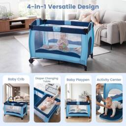 Gymax Folding Playpen 2 Lockable Wheels Diaper Changing Table 3 Hanging Toys in Blue - thumbnail 8