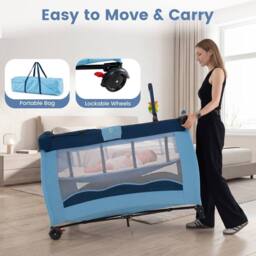 Gymax Folding Playpen 2 Lockable Wheels Diaper Changing Table 3 Hanging Toys in Blue - thumbnail 7