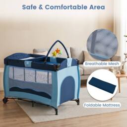 Gymax Folding Playpen 2 Lockable Wheels Diaper Changing Table 3 Hanging Toys in Blue - thumbnail 6
