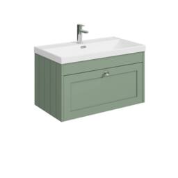 Balterley 800mm Wall Hung 1 Drawer Unit, Thin Edge Basin 1 Tap Hole Satin Green - thumbnail 1