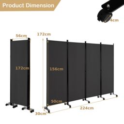 Costway 4 Panel Room Divider on Wheels Rolling Privacy Screens Portable Freestanding in Dark Grey - thumbnail 2