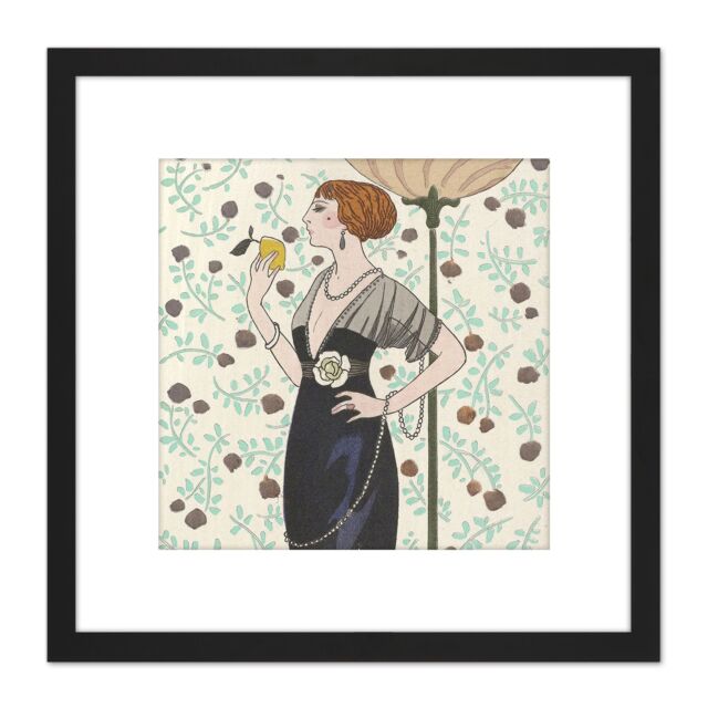 Artery8 Barbier Fashion Paris Clothes 1913 Woman Illustration 8X8 Inch Square Wooden Framed Wall Art Print Picture with Mount in Black