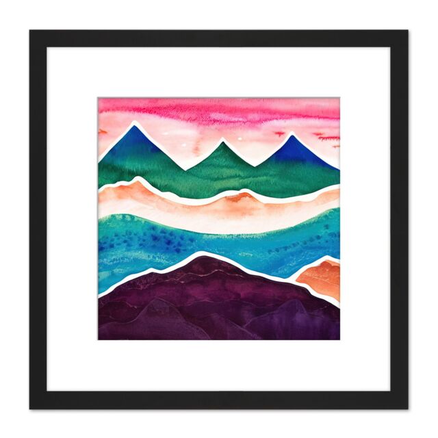 Artery8 Watercolour Himalayan Mountain Range Blood Red Sky Colourful Square Wooden Framed Wall Art Print Picture 8X8 Inch in Black - image 1