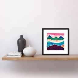Artery8 Watercolour Himalayan Mountain Range Blood Red Sky Colourful Square Wooden Framed Wall Art Print Picture 8X8 Inch in Black - thumbnail 2