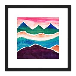 Artery8 Watercolour Himalayan Mountain Range Blood Red Sky Colourful Square Wooden Framed Wall Art Print Picture 8X8 Inch in Black - thumbnail 1