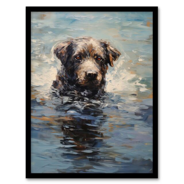 Artery8 Wall Art Print Labrador Retriever Swimming Claude Monet Style Dog Oil Painting Art Framed in Black - Size: A4 - image 1