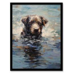 Artery8 Wall Art Print Labrador Retriever Swimming Claude Monet Style Dog Oil Painting Art Framed in Black - Size: A4 - thumbnail 1