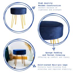 Harbour Housewares Round Velvet Footstool - H40 x D35cm - Gold Hairpin Legs in Blue - thumbnail 3