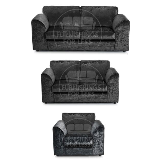 Furnishings For Less UK Crystal Crushed Velvet 6 Seater 3 Piece Sofa Suite - 3, 2 & Armchair Seater Full Back in Black - image 1
