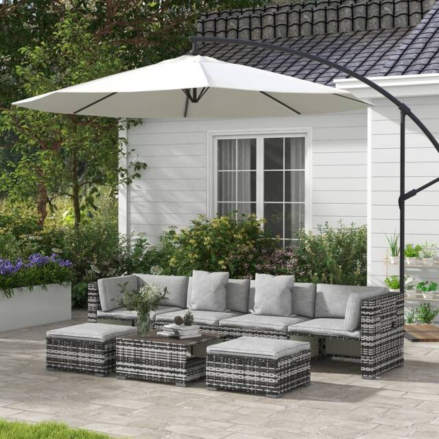 OUTSUNNY 7 Pieces Rattan Garden Furniture Set with Sofa, Shelf, Table, Cushion, Grey - image 1
