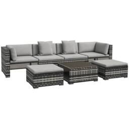 OUTSUNNY 7 Pieces Rattan Garden Furniture Set with Sofa, Shelf, Table, Cushion, Grey - thumbnail 2