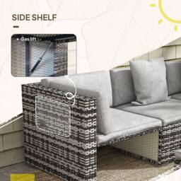 OUTSUNNY 7 Pieces Rattan Garden Furniture Set with Sofa, Shelf, Table, Cushion, Grey - thumbnail 5