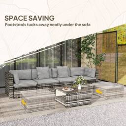OUTSUNNY 7 Pieces Rattan Garden Furniture Set with Sofa, Shelf, Table, Cushion, Grey - thumbnail 4
