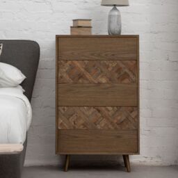 Orsina Oak & Elm 5 Drawer Wood Chest, Geometric Cabinet, Natural Toned Dresser, Storage Unit With Brass Finish Feet