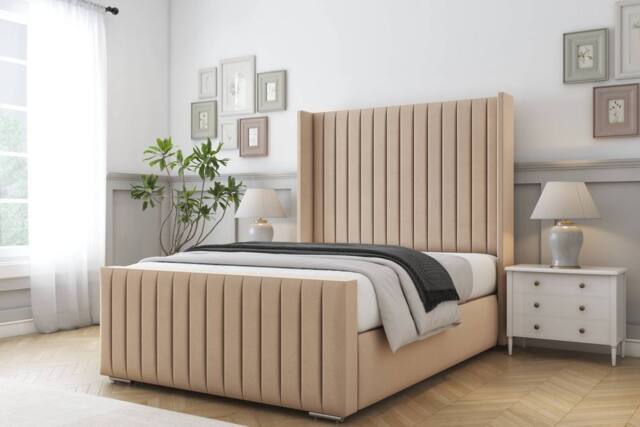 "Comfort Beds Chester Plush Bed Frame With Mattress-50"" Upholstered Wingback in Stone - Size: Double" - image 1