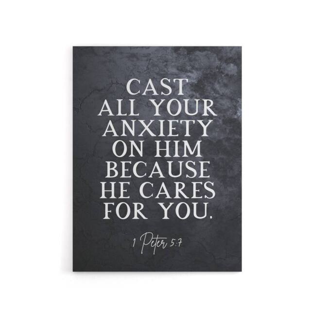 "Artery8 Peter 5 7 Cast Anxiety On Him Bible Quote Canvas Wall Art Print in Grey - Size: W18"" x H24""" - image 1