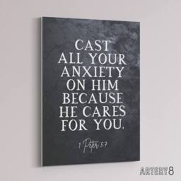 "Artery8 Peter 5 7 Cast Anxiety On Him Bible Quote Canvas Wall Art Print in Grey - Size: W18"" x H24""" - thumbnail 2