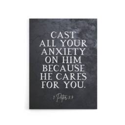 "Artery8 Peter 5 7 Cast Anxiety On Him Bible Quote Canvas Wall Art Print in Grey - Size: W18"" x H24""" - thumbnail 1