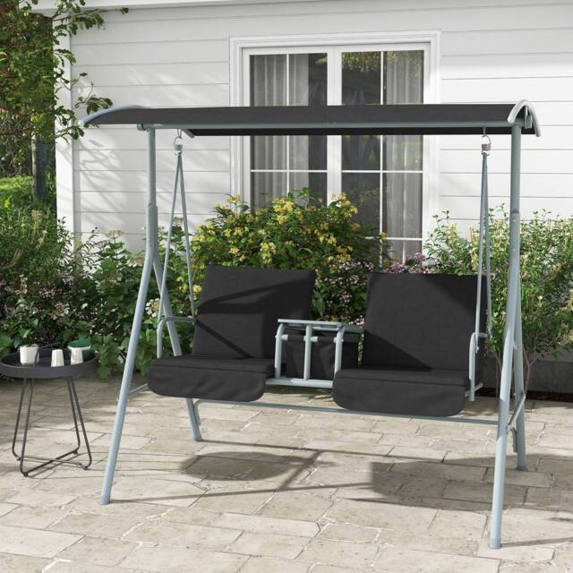OUTSUNNY 2 Seater Garden Swing Chair w/ Tilting Canopy, Drink Tray & Storage Bag, Black - image 1