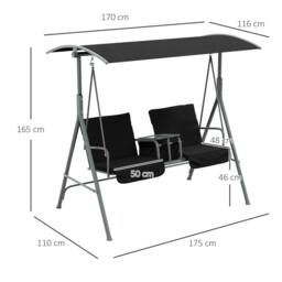 OUTSUNNY 2 Seater Garden Swing Chair w/ Tilting Canopy, Drink Tray & Storage Bag, Black - thumbnail 3