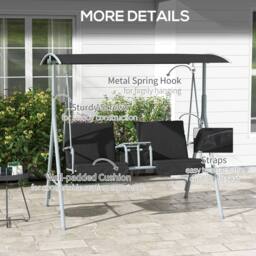 OUTSUNNY 2 Seater Garden Swing Chair w/ Tilting Canopy, Drink Tray & Storage Bag, Black - thumbnail 6