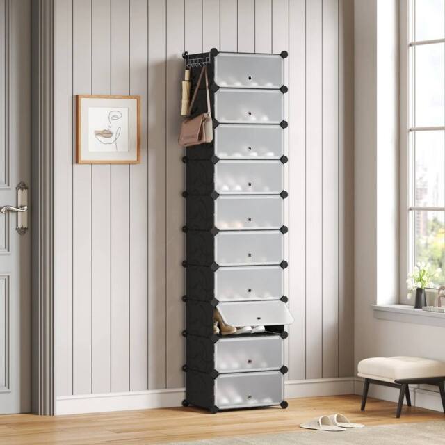 KORVIXA Black 10 PCS Portable Plastic Shoe Cabinet with Door - Size: 100 cm - image 1