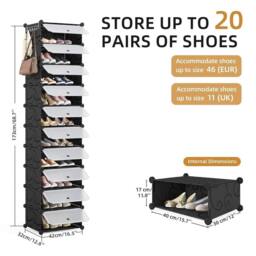 KORVIXA Black 10 PCS Portable Plastic Shoe Cabinet with Door - Size: 100 cm - thumbnail 2