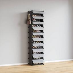KORVIXA Black 10 PCS Portable Plastic Shoe Cabinet with Door - Size: 100 cm - thumbnail 4