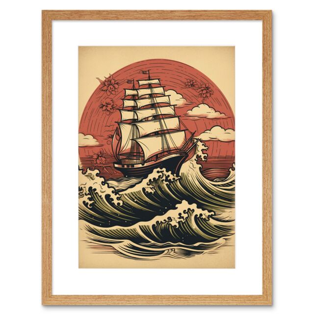 "Artery8 Wall Art Print Ship Sailing in Rough Sea Waves Retro Rockabilly Americana 50s Artwork Framed 9X7 Inch in Beige - Size: W7"" x H9""" - image 1