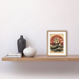 "Artery8 Wall Art Print Ship Sailing in Rough Sea Waves Retro Rockabilly Americana 50s Artwork Framed 9X7 Inch in Beige - Size: W7"" x H9""" - thumbnail 2