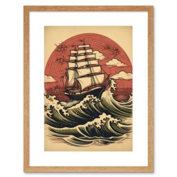 "Artery8 Wall Art Print Ship Sailing in Rough Sea Waves Retro Rockabilly Americana 50s Artwork Framed 9X7 Inch in Beige - Size: W7"" x H9""" - thumbnail 1