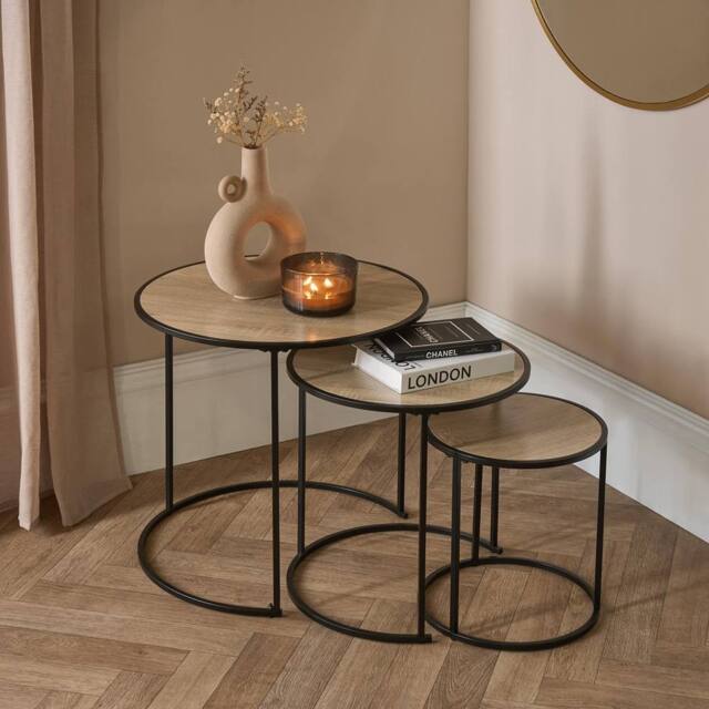 OHS Manhattan Round Nesting Side Coffee Table with Metal Frame in Light Oak - image 1
